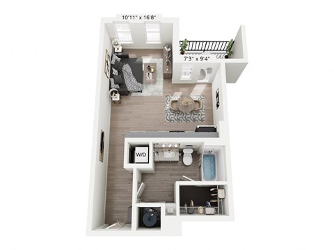 Agate studio apartment at Nook Nine in Indianapolis, IN, designed for efficient urban living with a sleek kitchen, private balcony, spacious closet, and in-unit washer/dryer, all within a vibrant community near Keystone at the Crossing.